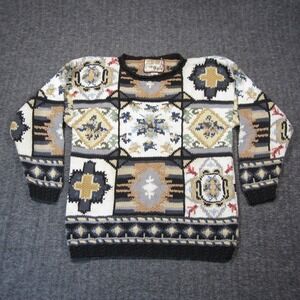 Vtg Crystal Kobe 3D Knit Sweater Women M Chunky Patchwork Grandma Granny 80s 90s